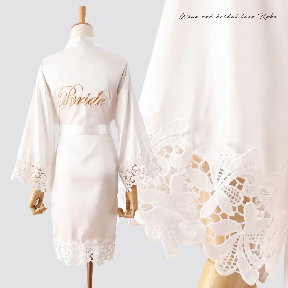 Sexy Bride Wedding Robe Home Dress Elegant Lace Embroidery Bride Negligee Kimono Gown Loose Silk Satin Sleepwear Nightgown