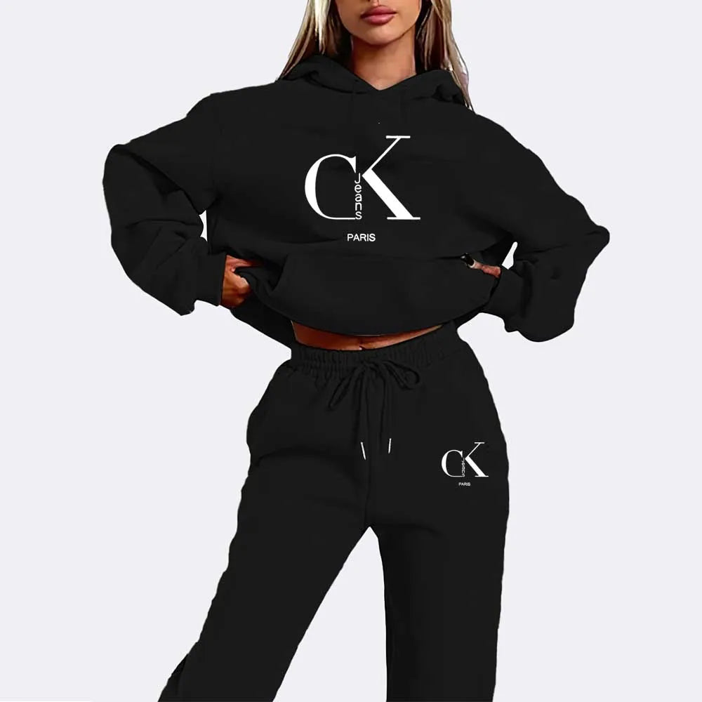 Women'S Casual Winter Hoodie and Pants Set - Black with White Logo Drawstring Hooded Sweatshirt & Joggers All-Season Comfort