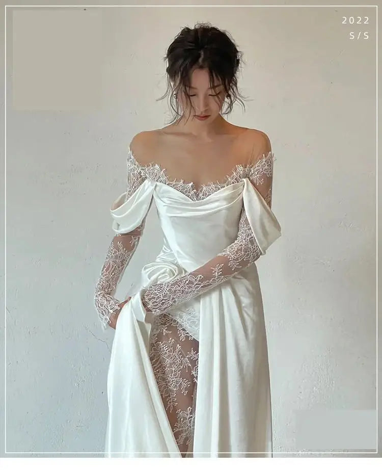 Satin Wedding Dresses With Small Train Vintage Lace Bride Dress A-line Full Sleeve Boho Wedding Gowns Vestido  Noiva Customized