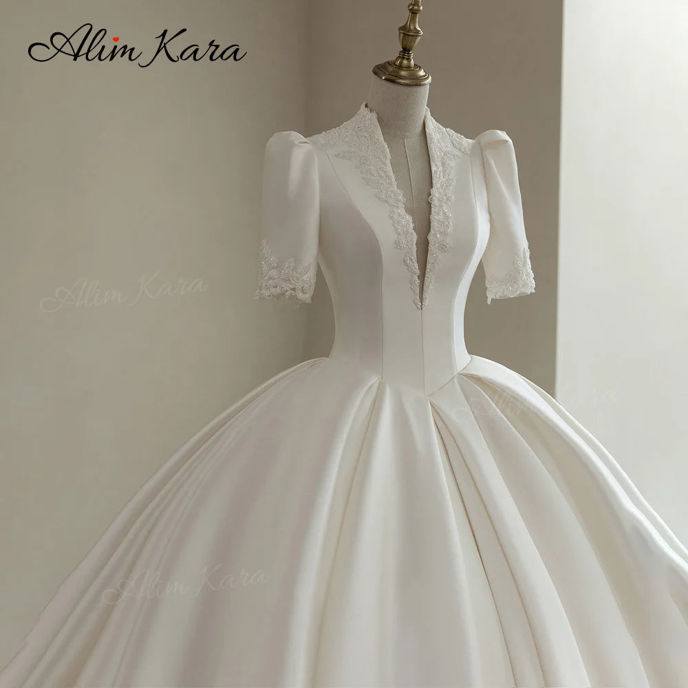 Alim Kara V-neck Ball Gown Wedding Dress 2026 Classic Beaded Satin customized Bridal Beach Princess B346 Party Vestido De Novia