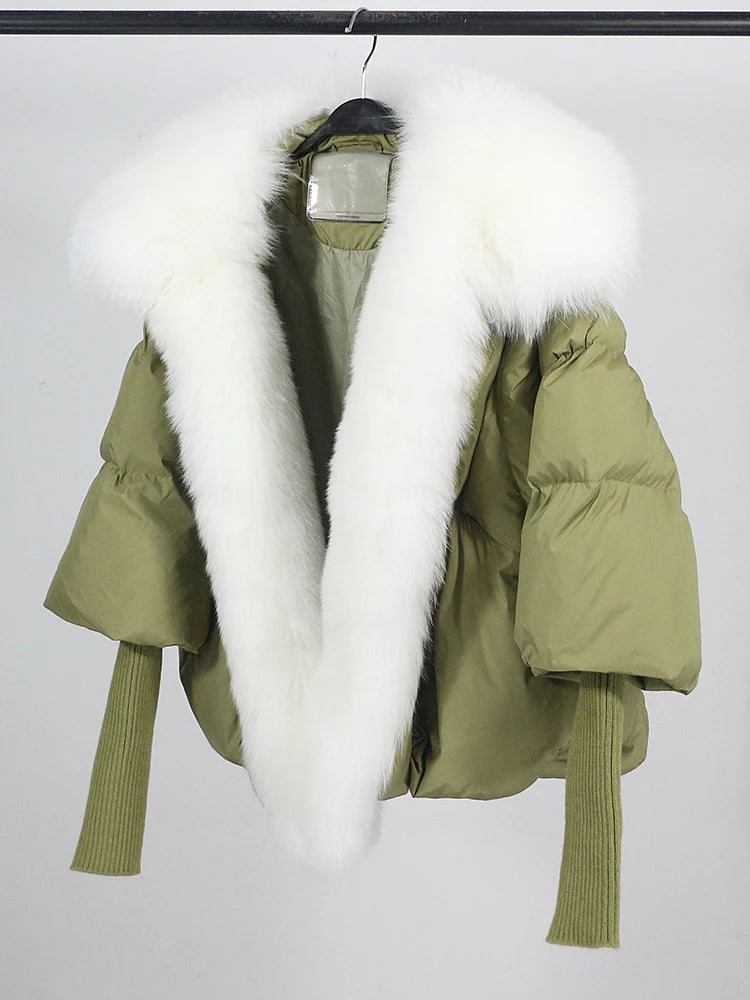 OFTUBY 2023 White Duck Down Jacket Winter Women Warm Loose Coat Natural Real Fox Fur Collar Thick Luxury Outerwear New Fashion