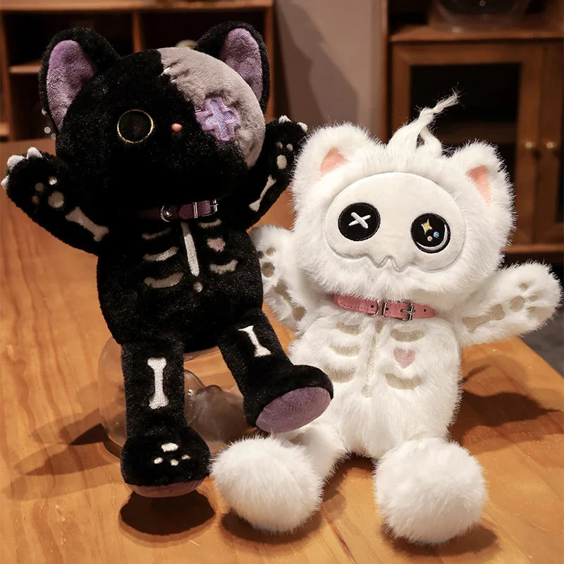 35cm Kawaii Black Serie Skeleton Cat Soft Plush Toy Creative Stuffed Animal Fluffly Gothic Skull Kitten for Kids Halloween Gifts