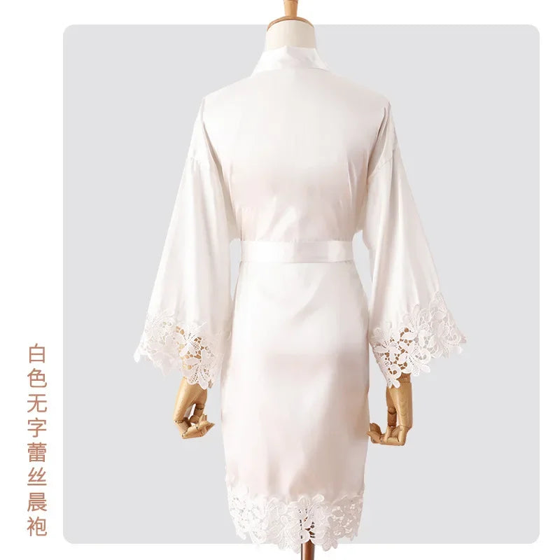 Sexy Bride Wedding Robe Home Dress Elegant Lace Embroidery Bride Negligee Kimono Gown Loose Silk Satin Sleepwear Nightgown