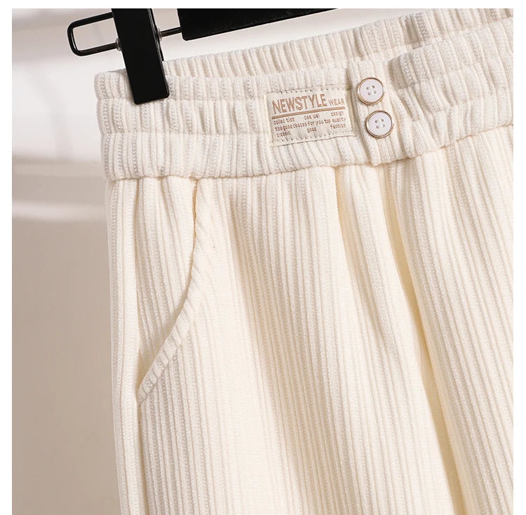 New 2024 Winter Pants For Women Thick Velvet High Elastic Waist White Or Black Chenille Pants Women Streetwear Wide Leg Trousers