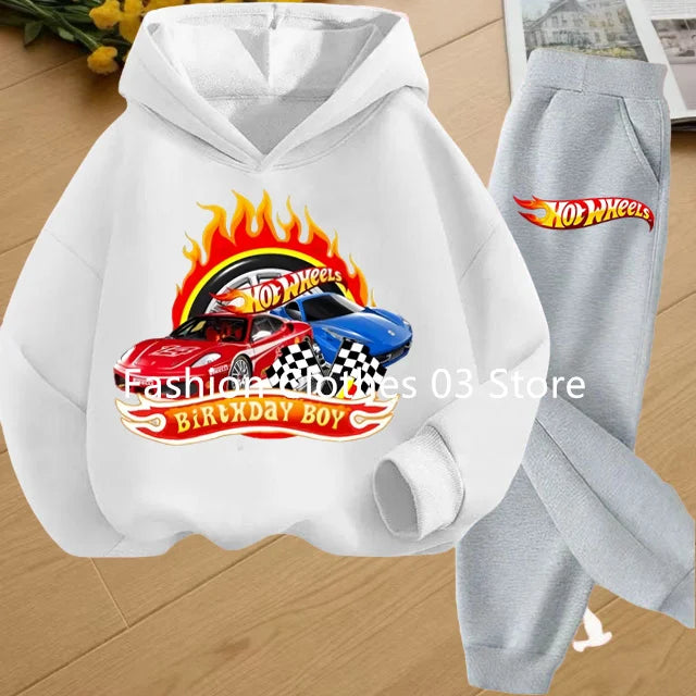 Fashion Sweatshirt Casual Sportswear Kids Clothing Hot Wheels Car Game Printed Hoodie Coat 3-12 Yrs Boys Girls Toddler Top+pants