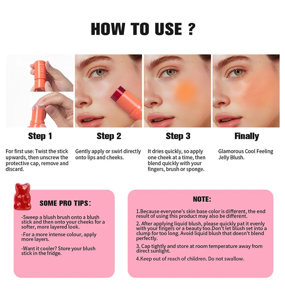 Jelly blush lip gloss stick for lazy people to contour, even skin tone, brighten and color, easy to apply for both lips and face