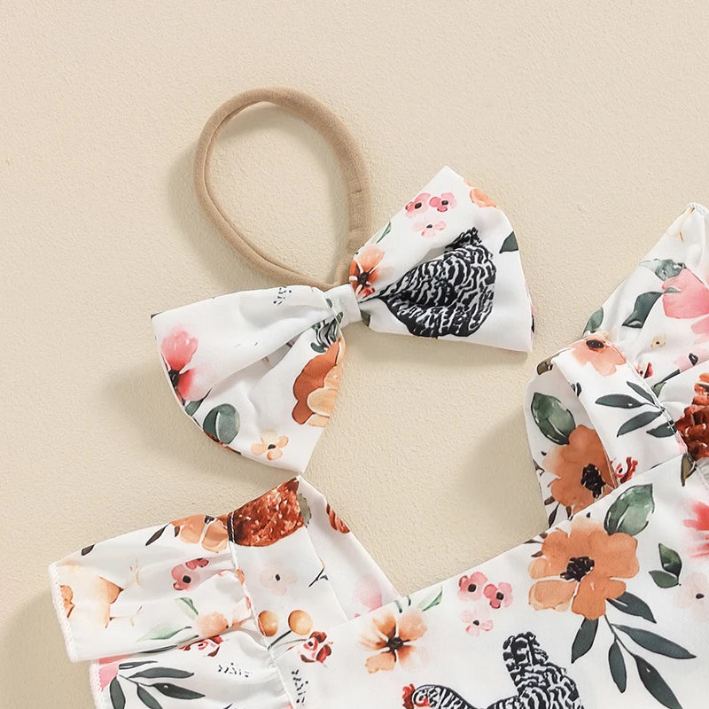 Baby Girl Summer Western Clothes Cow Print Ruffled Fly Sleeve Square Neck Romper with Bow Headband 2PCS Outfit for Infants