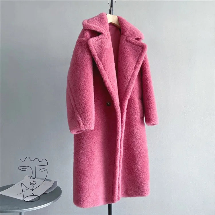 Winter Jacket Women Long Coat  Wool Woven Fabric Thick Warm Outerwear Oversize Fashion Streetwear Teddy Bear Coats