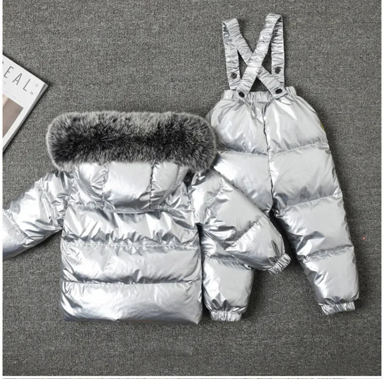 New Winter 2023 Kids Boutique Clothing 2 Pieces Sets Down Jacket Suspender Trousers Big Fur Collar Warm Soft Unisex Ski Suit