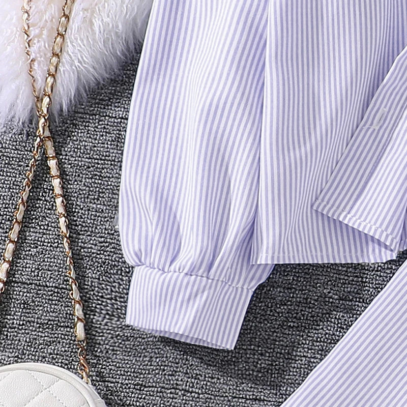 Spring Hot Sale Kids Outfit 4-12 Years Girls Striped Long Sleeve Chemise + Casual Loose Straight Leg Pants Shirt Suit 2Pcs Set