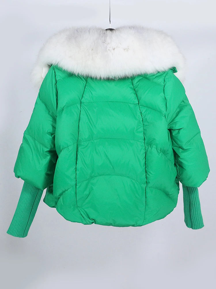 OFTUBY 2023 White Duck Down Jacket Winter Women Warm Loose Coat Natural Real Fox Fur Collar Thick Luxury Outerwear New Fashion