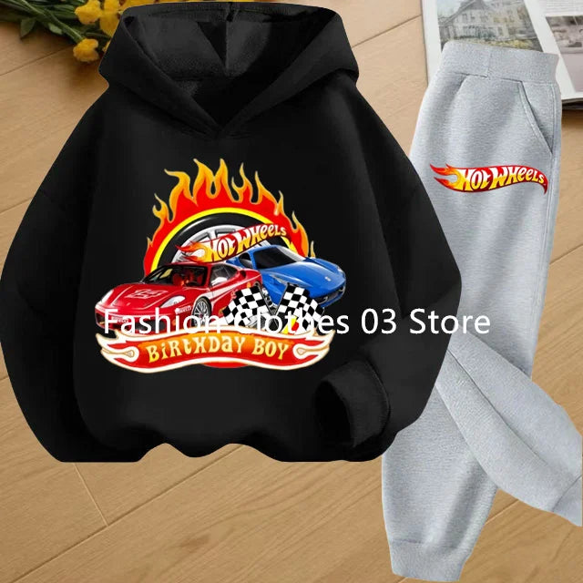 Fashion Sweatshirt Casual Sportswear Kids Clothing Hot Wheels Car Game Printed Hoodie Coat 3-12 Yrs Boys Girls Toddler Top+pants
