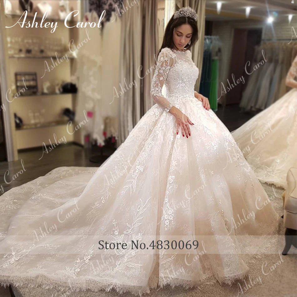 Ashley Carol Lace Ball Gown Wedding Dresses Sexy Vestido De Noiva Long Sleeve Appliques Lace Up Luxury Cathedral Wedding Gowns