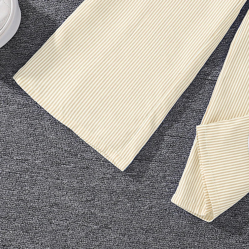 Spring Hot Sale Kids Outfit 4-12 Years Girls Striped Long Sleeve Chemise + Casual Loose Straight Leg Pants Shirt Suit 2Pcs Set