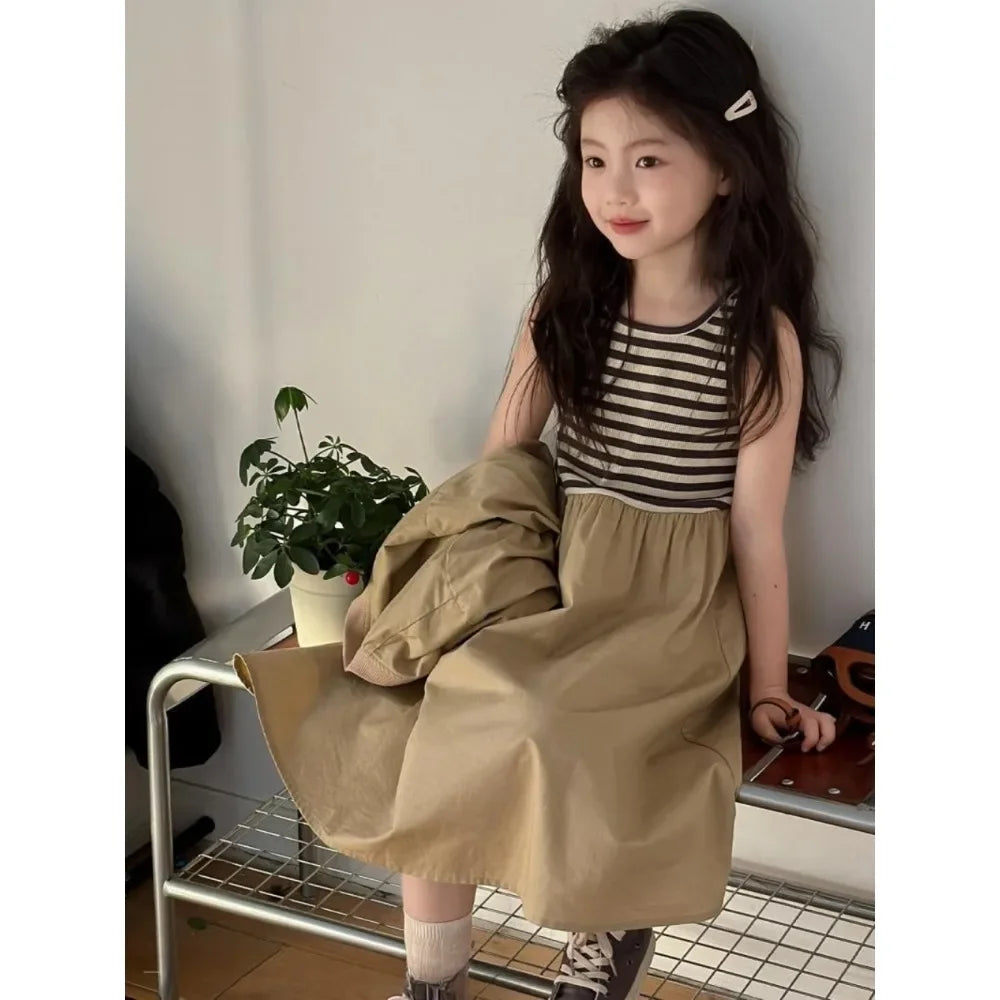 4 5 7 9 11 13-year-old Girl's Casual Clothes 2025 Autumn New Suspender Striped Vest Dress+khaki Jacket Two-piece Set