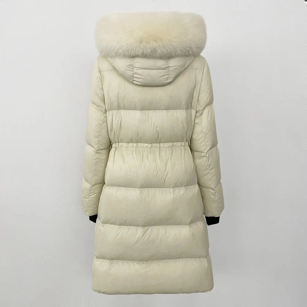 2024 Winter New  Casual Fashion Slim Warm Jacket Female White Duck Down Real Fox Fur Real Raccoon Fur Long Hooded Coat Women