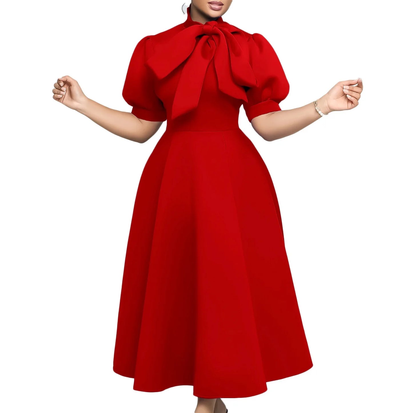 Elegant Party Dresses for Woman 2024 Luxury Bow Collar Short Sleeve High Waisted A Line Pleated Ankle Length Birthday Party Robe