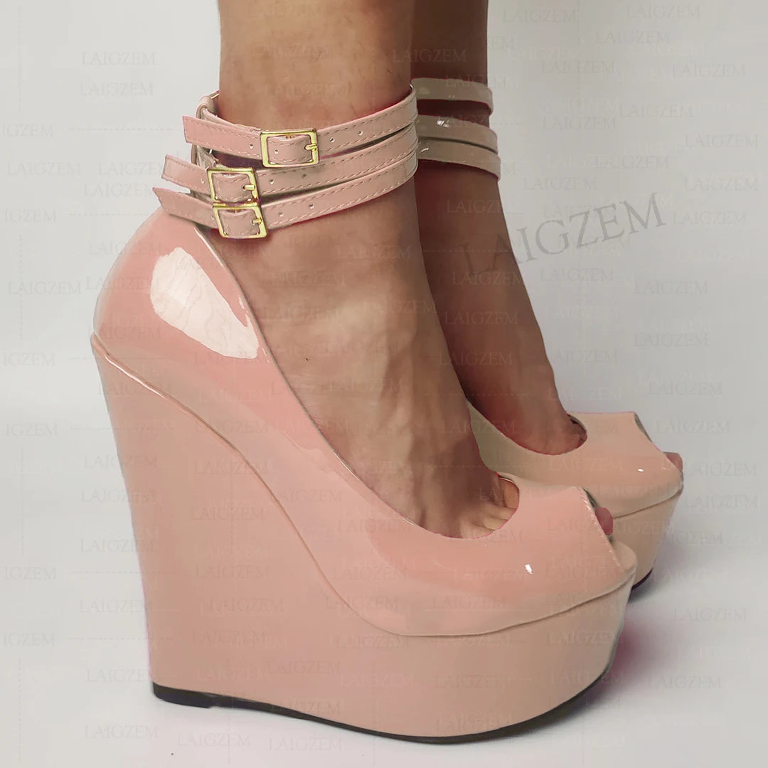 LAIGZEM Women Platform Wedges Pumps Ankle Straps Shiny Peep Toe High Heels Sandals Ladies Height Increase Shoes Woman Large Size