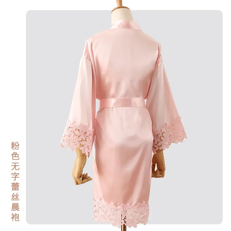 Sexy Bride Wedding Robe Home Dress Elegant Lace Embroidery Bride Negligee Kimono Gown Loose Silk Satin Sleepwear Nightgown