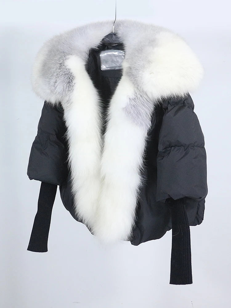 OFTUBY 2023 White Duck Down Jacket Winter Women Warm Loose Coat Natural Real Fox Fur Collar Thick Luxury Outerwear New Fashion