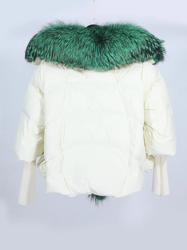 OFTUBY 2023 White Duck Down Jacket Winter Women Warm Loose Coat Natural Real Fox Fur Collar Thick Luxury Outerwear New Fashion