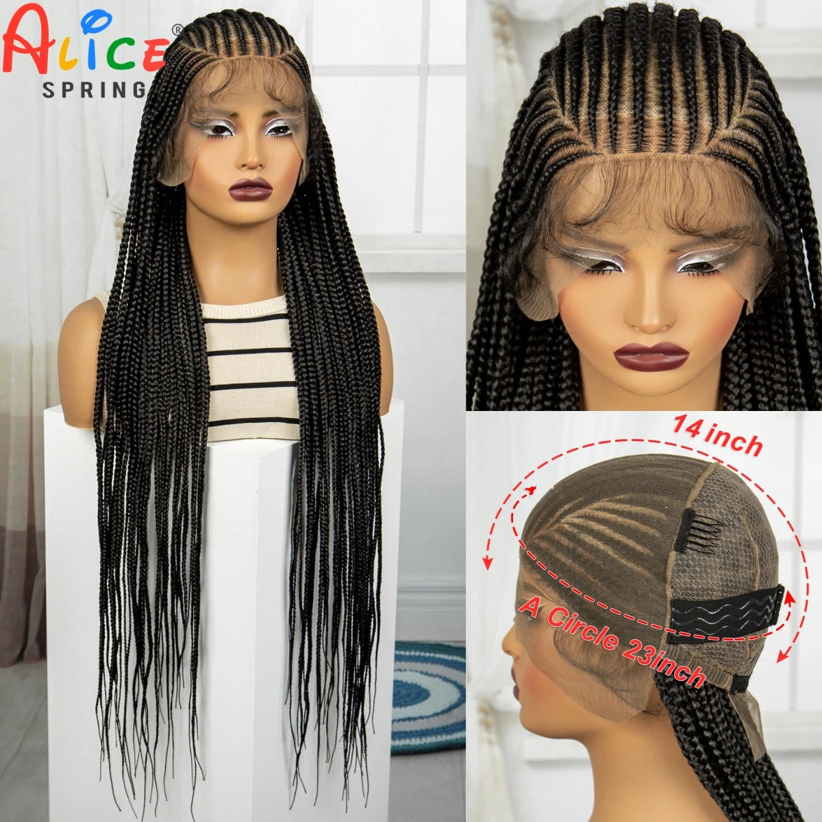 Full Lace Cornrow Braided Wigs 36inch Synthetic Natural Box Braided Lace Wigs with Baby Hair for Black Women