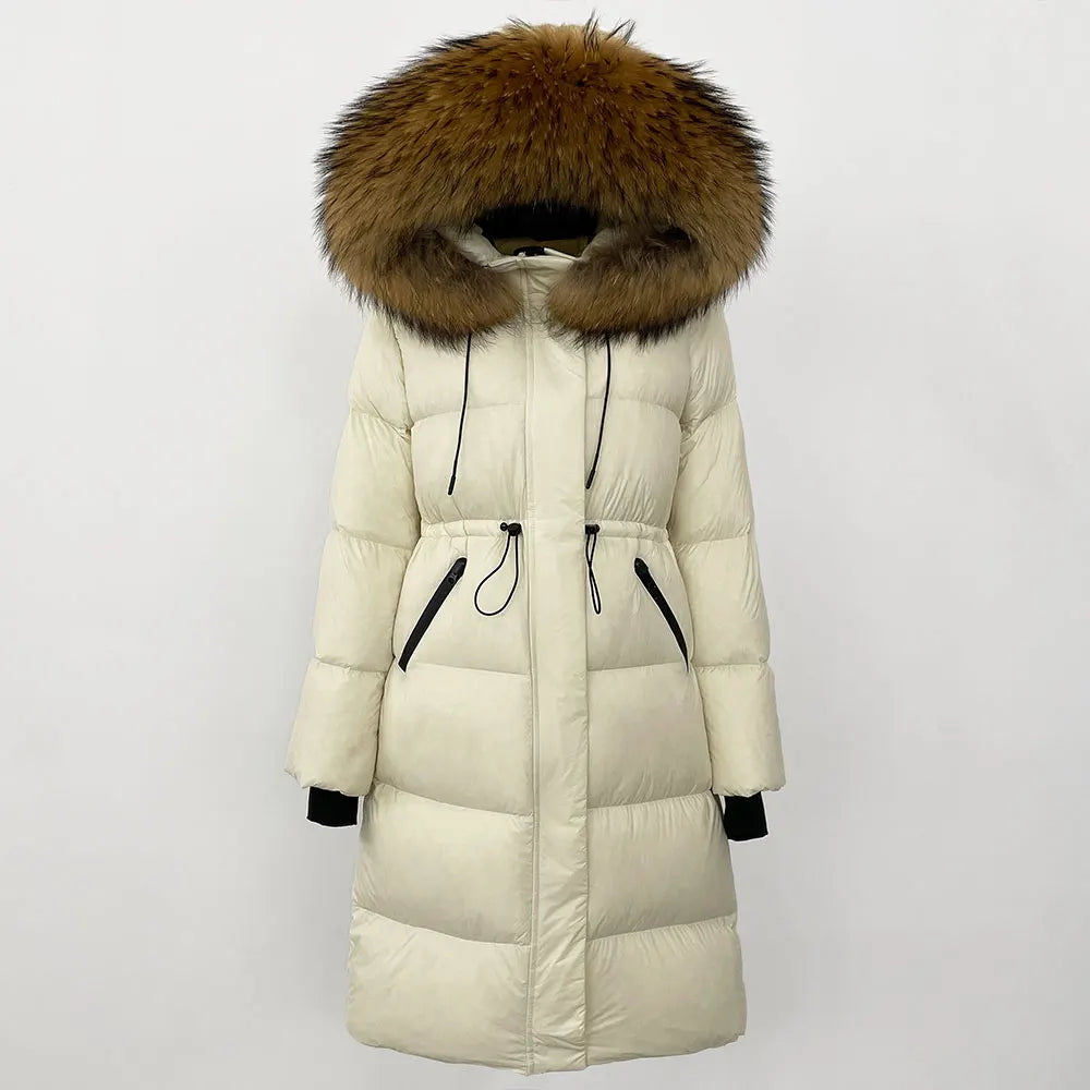 2024 Winter New  Casual Fashion Slim Warm Jacket Female White Duck Down Real Fox Fur Real Raccoon Fur Long Hooded Coat Women