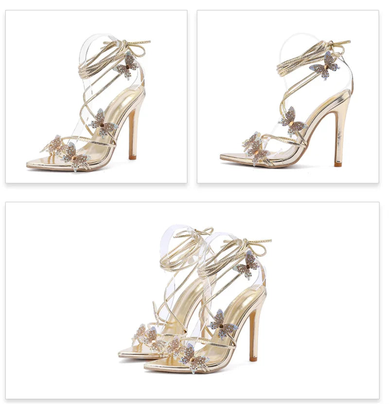 Liyke Sexy Crystal Butterfly Narrow Band Ankle Strap Gold Sandals Women Wedding Banquet Shoes Sexy Pointed Toe Stripper Heels