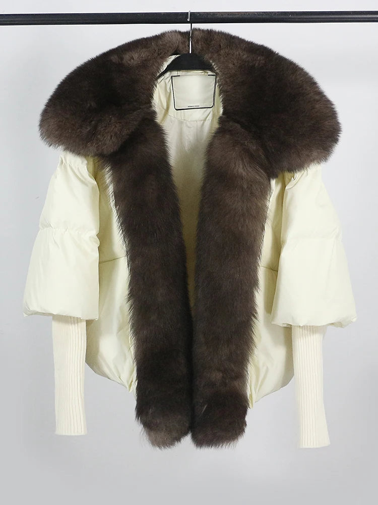 OFTUBY 2023 White Duck Down Jacket Winter Women Warm Loose Coat Natural Real Fox Fur Collar Thick Luxury Outerwear New Fashion