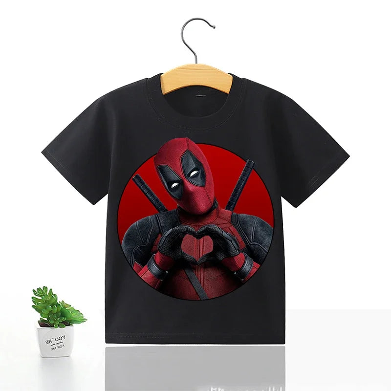Deadpool & Wolverine Black T-shirt  Summer Pop Clothing Cartoon Round Neck Loose Marvels Movie Character Children Birthday Gift