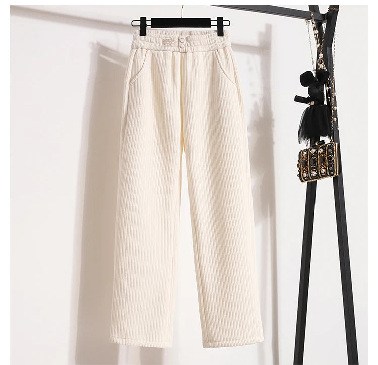 New 2024 Winter Pants For Women Thick Velvet High Elastic Waist White Or Black Chenille Pants Women Streetwear Wide Leg Trousers