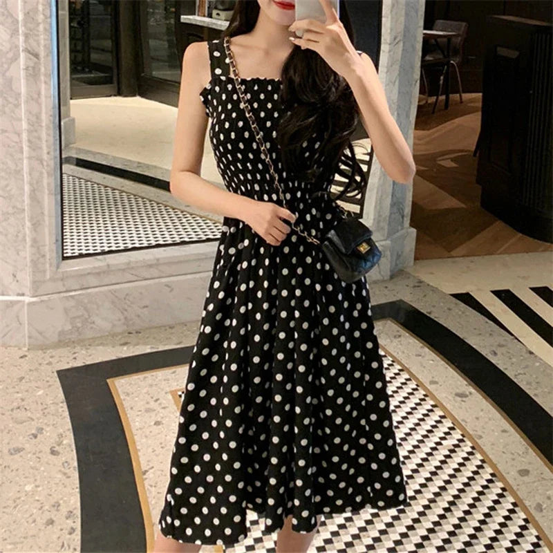 robe femme Summer Polka Dot Womens Dresses Elegant Square Neck Sleeveless Chiffon Long Dress Super Discount vestidos para mujer