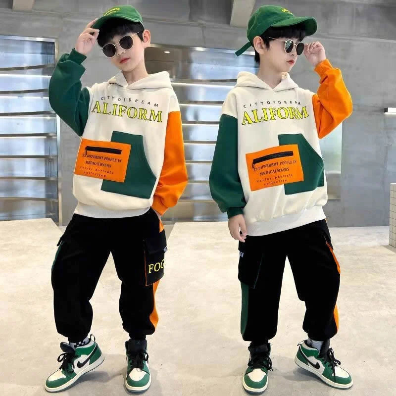 Boys Hooded Sweatshirt Sets Autumn Sport Casual Suits Teen Pullover+Pants 2Pcs Spring Kids Tracksuit Outfits Children Clothes