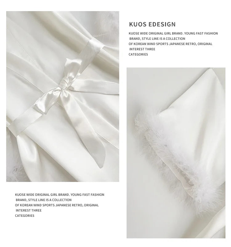 Wedding Bride Robe Morning Gown Elegant Feather Female Kimono Bathrobe Gown Sexy Rayon Summer New Sleepwear Nightwear Lingerie