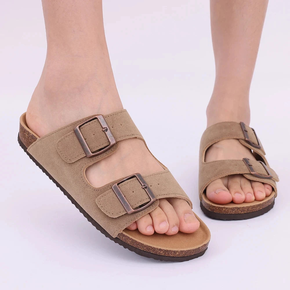 Kidmi New Fashion Women's Sandals Summer Cork Clogs Sandals Classic Women Mules Soft Suede Beach Slides With Adjustable Buckle