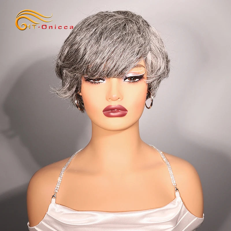 Grey Human Hair Wigs Short Pixie Cut Wig Human Hair For Black Women Machine Made Wigs With Bangs Colored Short Bob Wigs