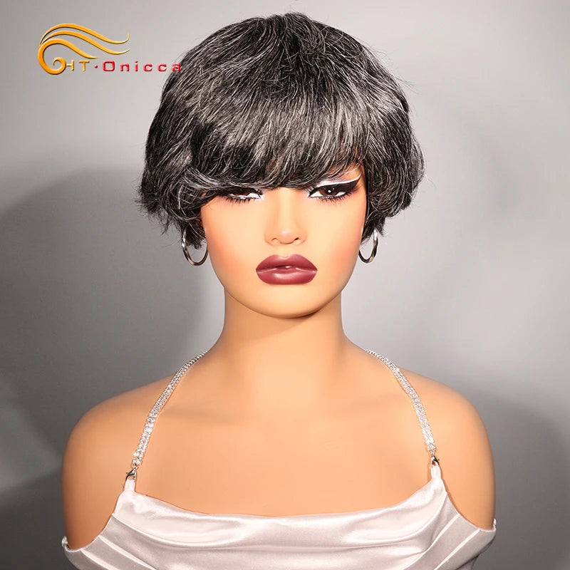 Grey Human Hair Wigs Short Pixie Cut Wig Human Hair For Black Women Machine Made Wigs With Bangs Colored Short Bob Wigs