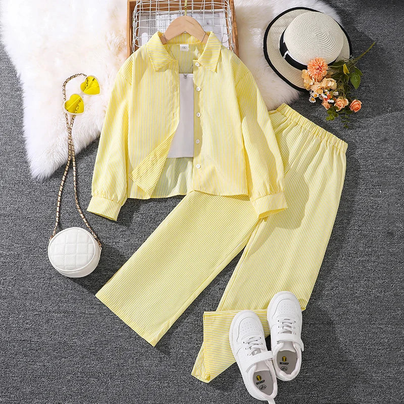 Spring Hot Sale Kids Outfit 4-12 Years Girls Striped Long Sleeve Chemise + Casual Loose Straight Leg Pants Shirt Suit 2Pcs Set