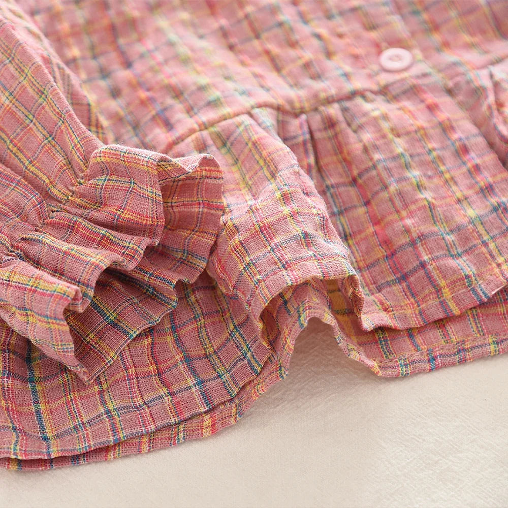 Fashionable Casual Pink Checkered Shirt Top And Pants Set for Girls 3-7 Years Long Sleeved Spring Autumn Two-piece Outfit