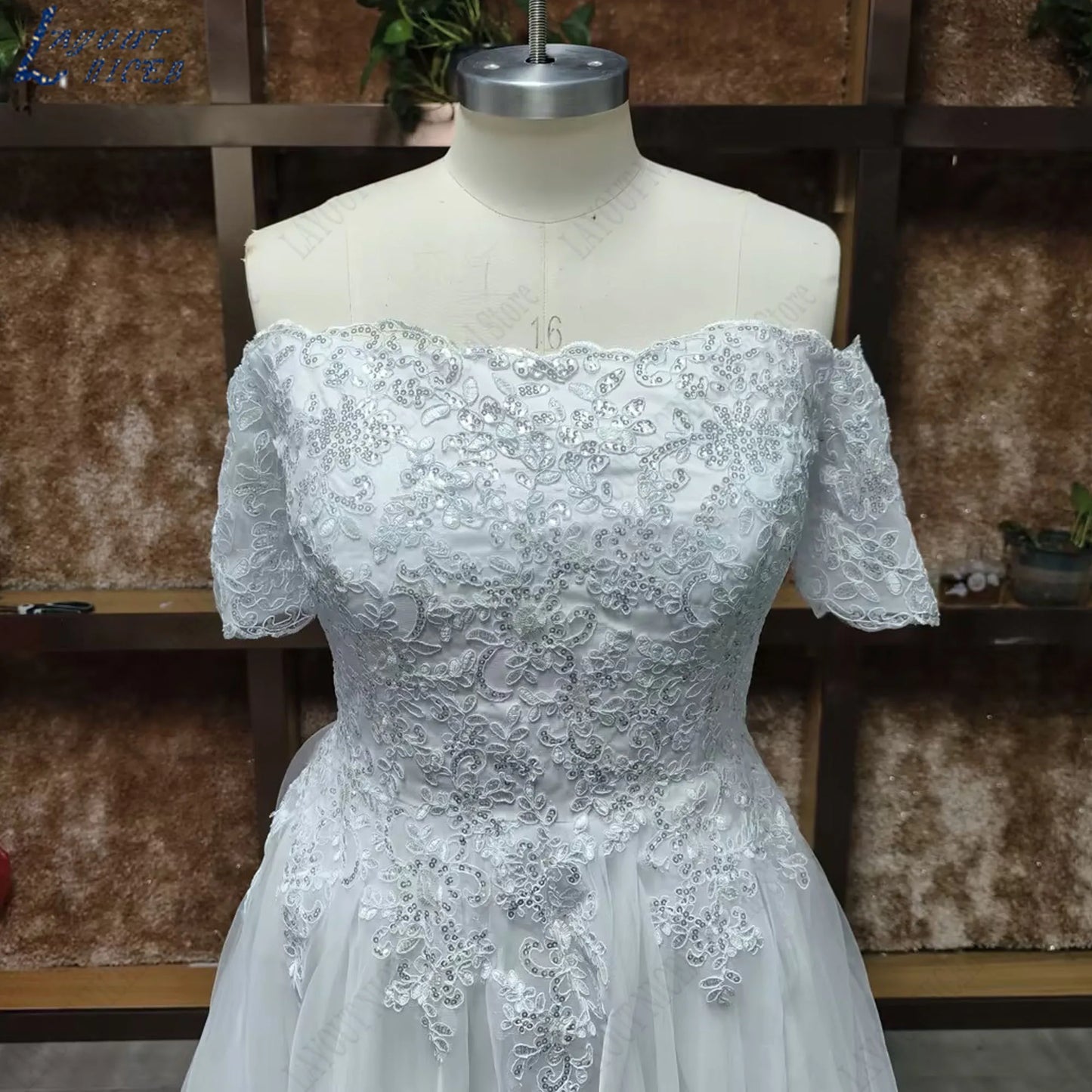 LAYOUT NICEB Elegant Boho Wedding Dresses For Woman Short Sleeves Off Shoulder Lace Applique Bride Gowns Boat Neck Plus Size