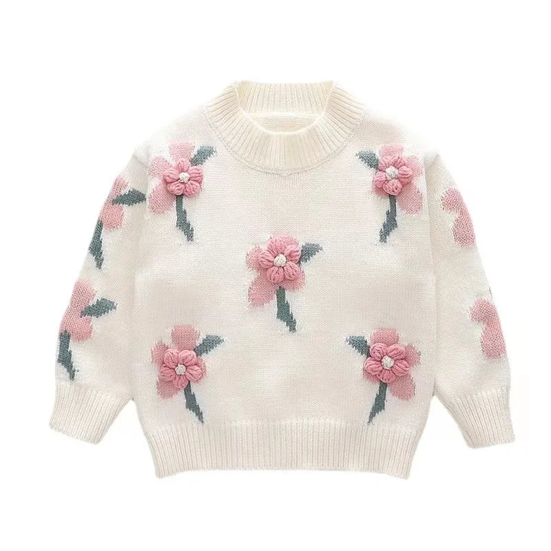 2-7 year old children's clothing autumn winter new girl cute little flower baby knitted pullover children's sweater base shirt