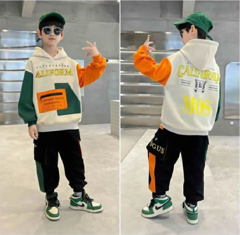 Boys Hooded Sweatshirt Sets Autumn Sport Casual Suits Teen Pullover+Pants 2Pcs Spring Kids Tracksuit Outfits Children Clothes