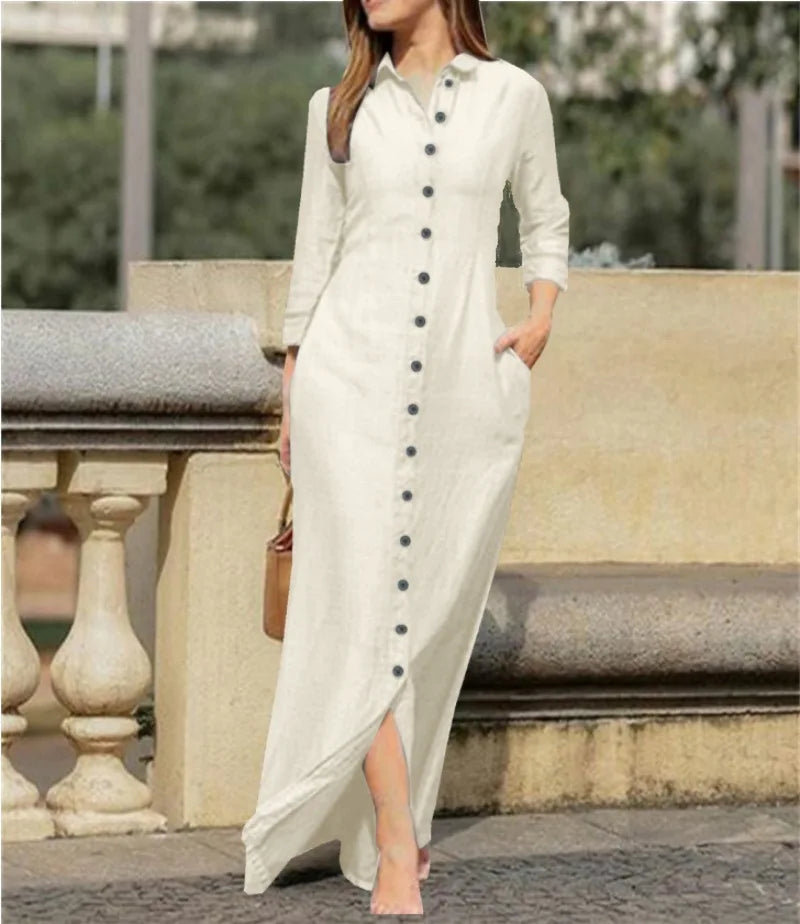 Autumn Women's Clothing Style Elegant Fashionable Neutral Style Long Sleeved Lapel Cardigan Solid Color Long Cotton Linen Dress