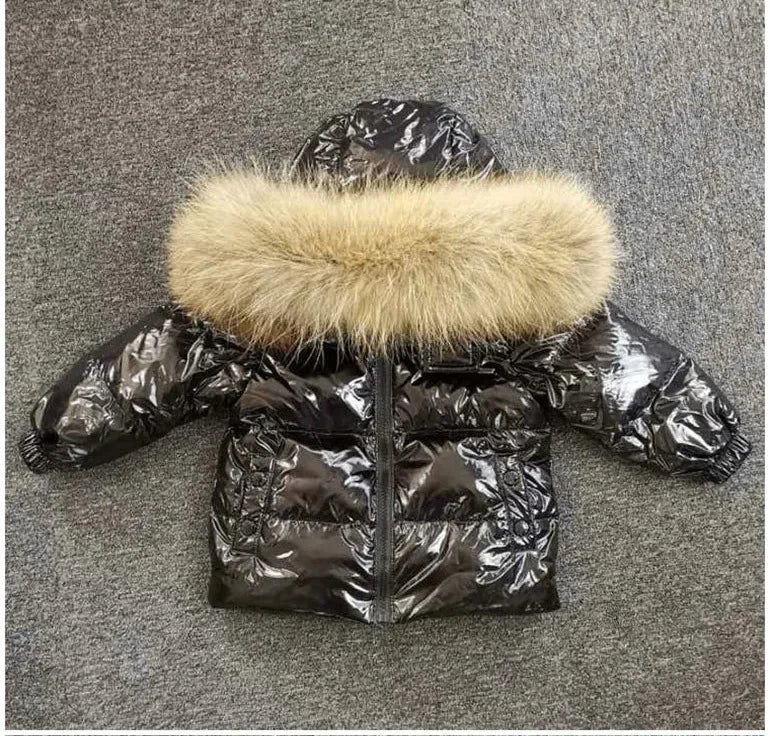 New Winter 2023 Kids Boutique Clothing 2 Pieces Sets Down Jacket Suspender Trousers Big Fur Collar Warm Soft Unisex Ski Suit