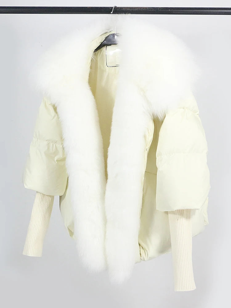 OFTUBY 2023 White Duck Down Jacket Winter Women Warm Loose Coat Natural Real Fox Fur Collar Thick Luxury Outerwear New Fashion