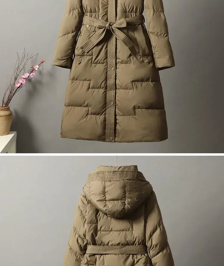 2024 New Winter Women White Duck Down Long Jacket With Belt Female Thick Warm Coat Luxury Slim Parka Hooded Outerwear