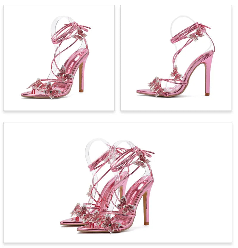 Liyke Sexy Crystal Butterfly Narrow Band Ankle Strap Gold Sandals Women Wedding Banquet Shoes Sexy Pointed Toe Stripper Heels