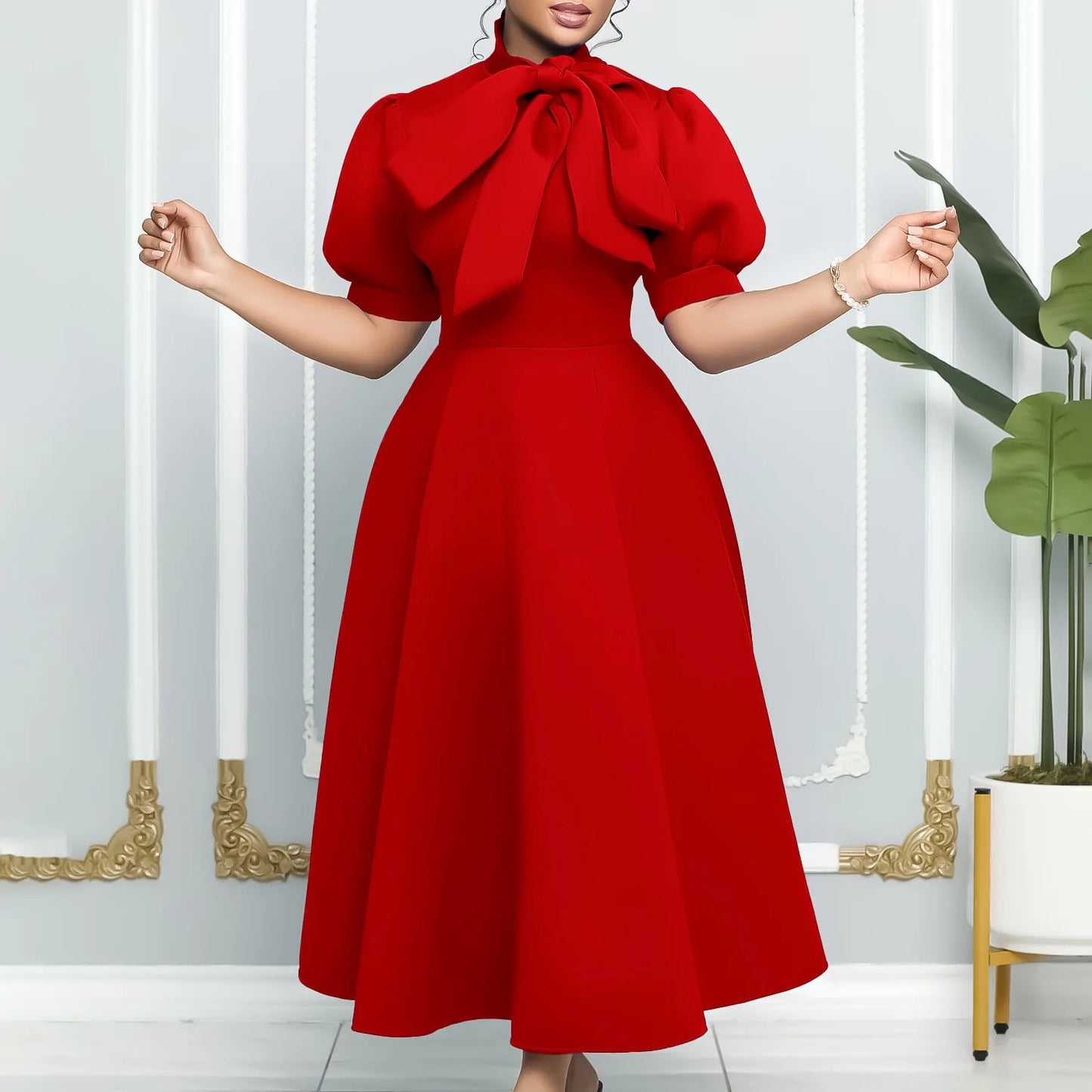 Elegant Party Dresses for Woman 2024 Luxury Bow Collar Short Sleeve High Waisted A Line Pleated Ankle Length Birthday Party Robe