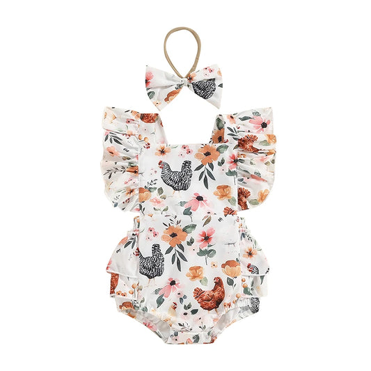 Baby Girl Summer Western Clothes Cow Print Ruffled Fly Sleeve Square Neck Romper with Bow Headband 2PCS Outfit for Infants