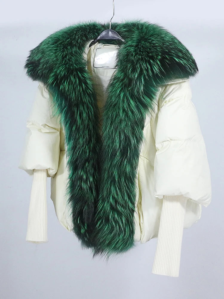 OFTUBY 2023 White Duck Down Jacket Winter Women Warm Loose Coat Natural Real Fox Fur Collar Thick Luxury Outerwear New Fashion